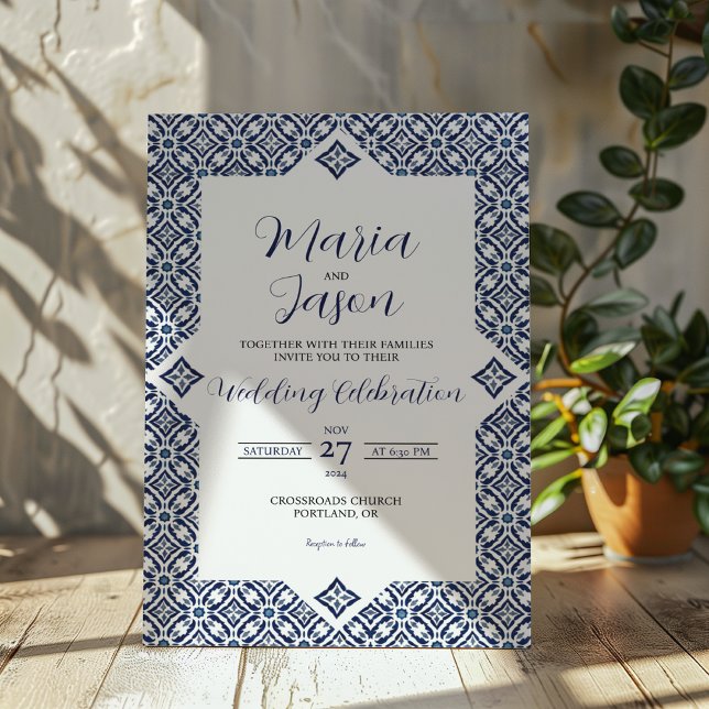 Convites Marinho Mexicano White Talavera Formal Elegante Ca (Mexican Navy White Talavera Formal Elegant Wedding Invitation)