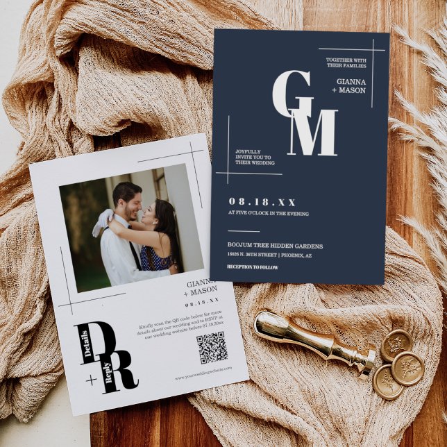 Convites Marinho minimalista moderno Blue Wedding Código QR (Criador carregado)