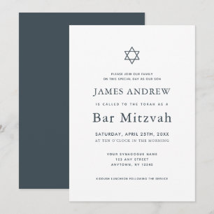 Convites Marinho mínimo, Bar azul e branco Mitzvah
