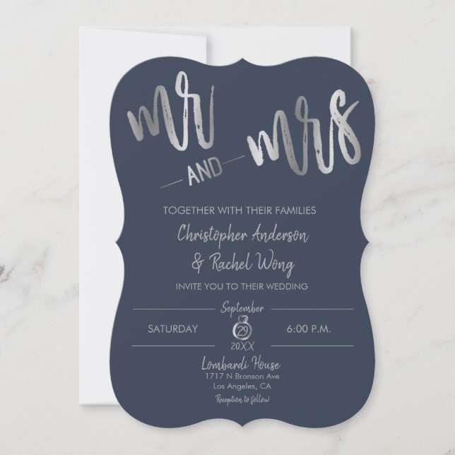 Convites Marinho Mínimo Silver Foil Script Sr. Wedding (Frente)