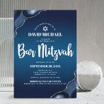 Convites Marinho Mitzvah bar Azul Agate Agate Script Modern<br><div class="desc">Tenha orgulho, alegria e mostre este marco do seu Bar favorito Mitzvah! Enviar este convite legal, único, moderno e personalizado para um evento que se lembre. A tipografia da escrita branca e Estrela de David sobrepõem um fundo azul-marinho profundo com o agato azul de aço acentuado com veias falso prateadas....</div>