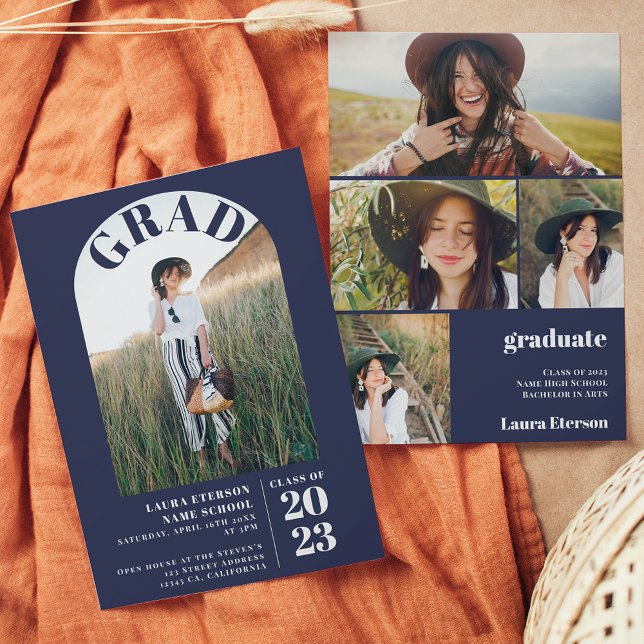 Convites Marinho moderno azul elegante 5 fotos graduadas (Criador carregado)