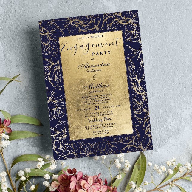 Convites Marinho moderno  azul Noivado chic floral (Modern navy blue gold floral chic Engagement Invitation )