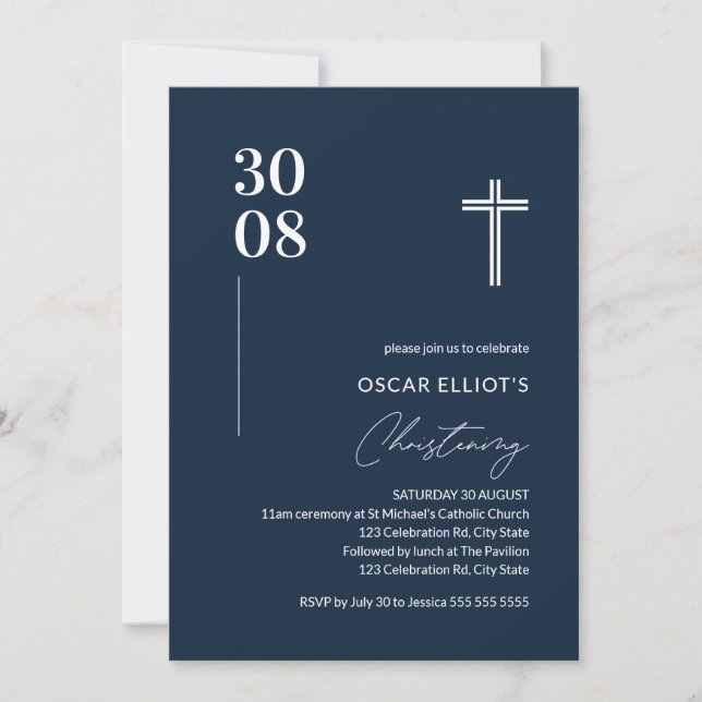 Convites Marinho Moderno Blue Minimalist Christening (Frente)