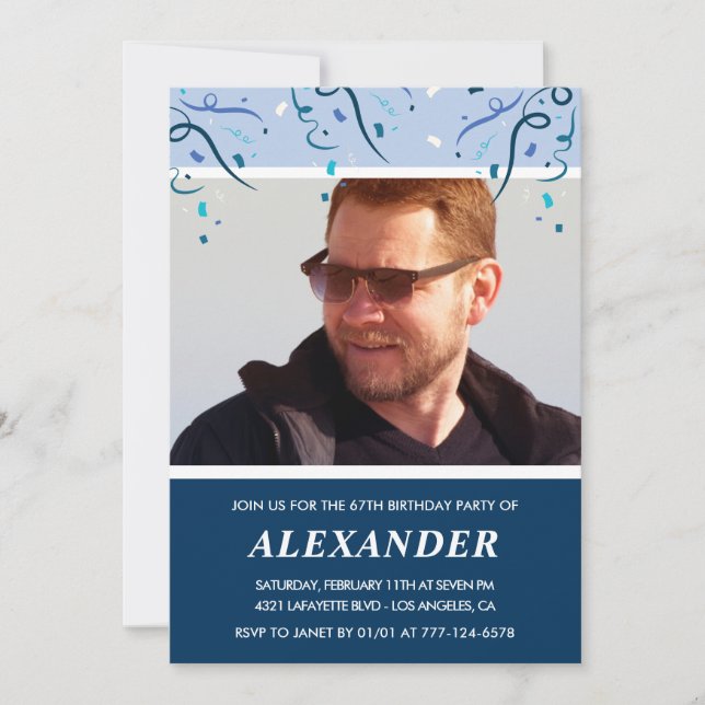Convites Marinho moderno Blue Photo Man 67 anos (Frente)