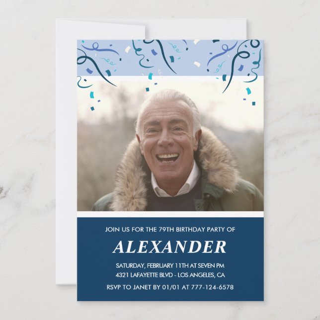 Convites Marinho moderno Blue Photo Man 79º aniversário (Frente)