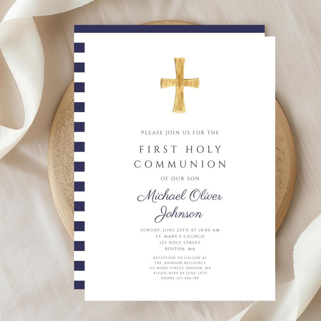 Convites Marinho Moderno Blue Stripes Cross Boy First Commu (Modern Navy Blue Stripes Cross Boy First Communion Invitation)