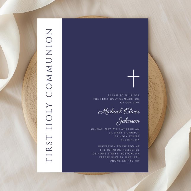 Convites Marinho Moderno Cruz Azul Primeira Comunhão Santa (Modern Navy Blue Cross First Holy Communion Invitation)
