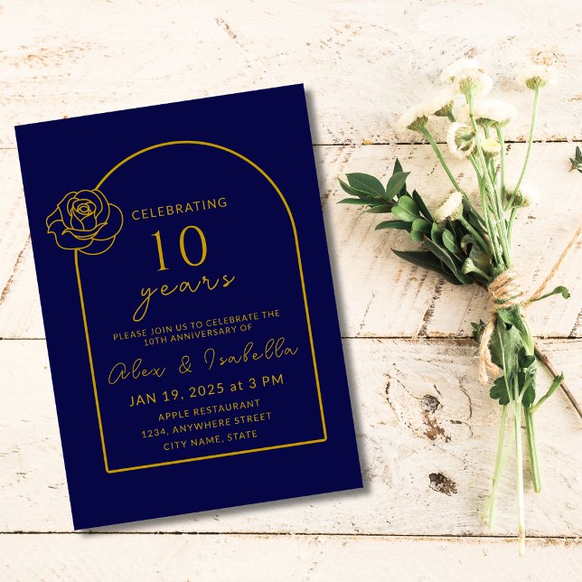 Convites Marinho moderno e Dourado 10º Aniversário de Casam (Modern Navy blue and gold 10th year wedding anniversary invitation for party invite)