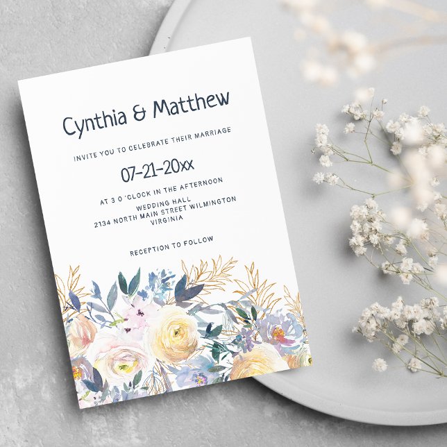 Convites marinho na moda marfim azul marfim ouro floral cas (Stylish chic navy blue ivory gold floral wedding)