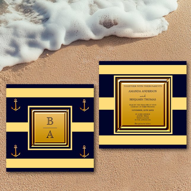Convites Marinho Náutico Casamento Amarelo-Amarelo-Stripes  (Criador carregado)