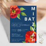 Convites Marinho Negrito Bat Mitzvah Red Floral Watercolor<br><div class="desc">Tenha orgulho, alegria e mostre este marco do seu Bat Mitzvah favorito com este sofisticado e personalizado convite! Uma aquarela floral vermelha, chica, espantosa, com serifa san moderna sobrepõe um fundo azul marinho. Personalize o texto personalizado com o nome, a data e as informações do local do seu Bat Mitzvah....</div>