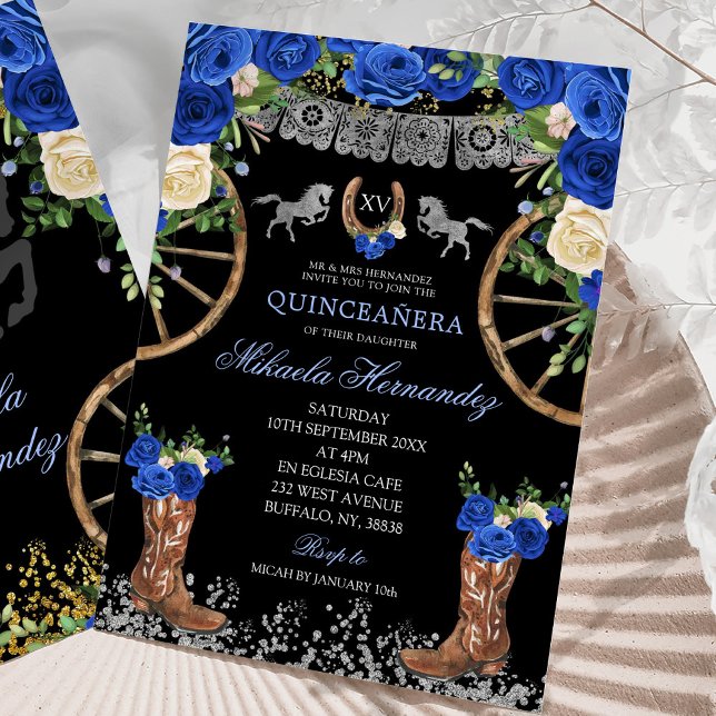 Convites Marinho Negro Blue e Silver Charra Quinceañera (Criador carregado)