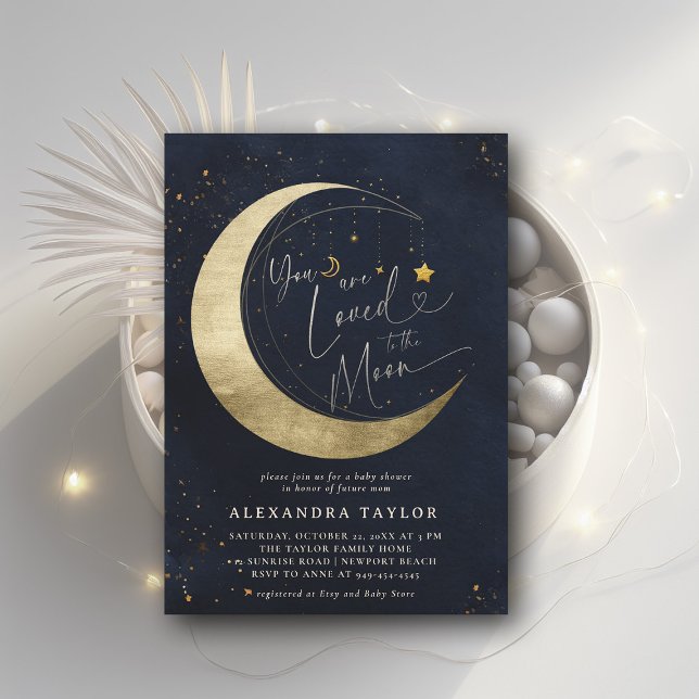 Convites Marinho Nêutrico Amado Moon Mobile Dark (loved to the moon baby shower invitation moon stars watercolor cute adorable coed elegant neutral)