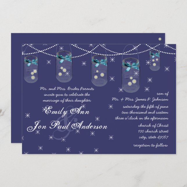 Convites Marinho Noturno Aqua Yellow Flower Mason Jar (Frente/Verso)