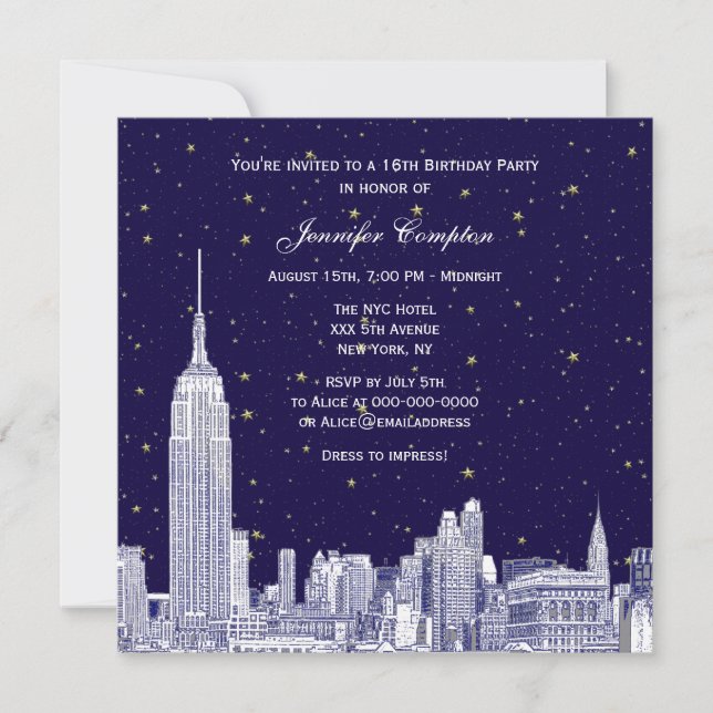 Convites Marinho NYC Skyline Etch Starry DIY BG Sweet 16 SQ (Frente)