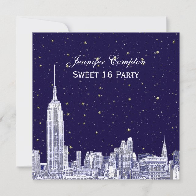 Convites Marinho NYC Skyline Etch Starry DIY BG Sweet 16 SQ (Frente)