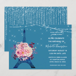 Convites Marinho Paris Eiffel Tower Glitter Floral Birday