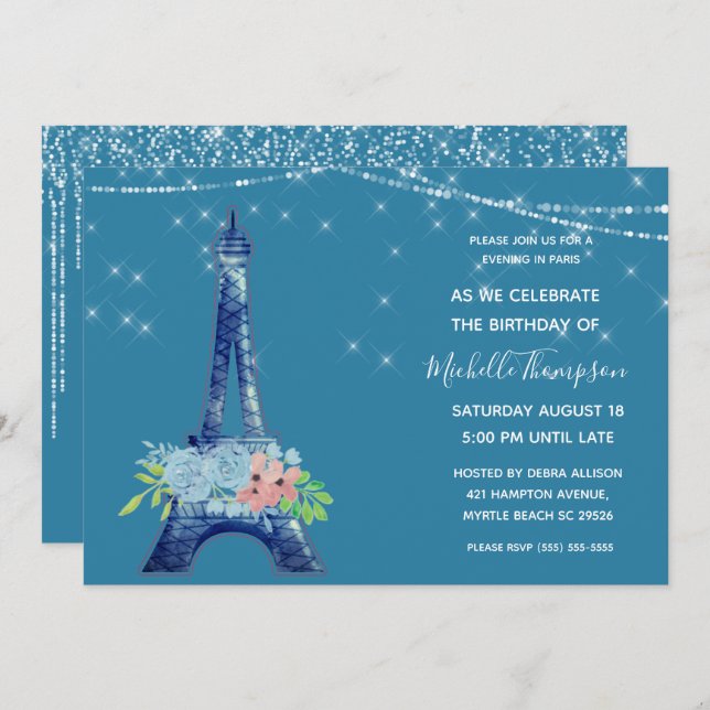 Convites Marinho Paris Eiffel Tower Glitter Floral Birday I (Frente/Verso)
