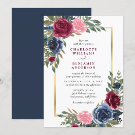 Convites Marinho Personalizado Azul Borgonha Dourada Floral