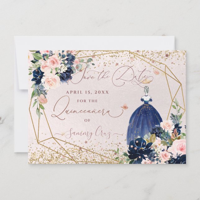 Convites Marinho PixDezines Azul Salve a Data Quinceanera (Frente)