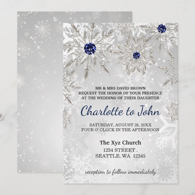 Convites marinho prateado flocos de neve casamento no inver (Frente/Verso)