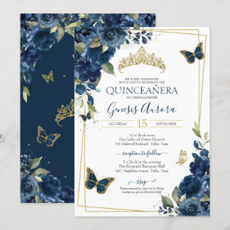 Convites Marinho Quinceañera Azul Borboleta Dourada