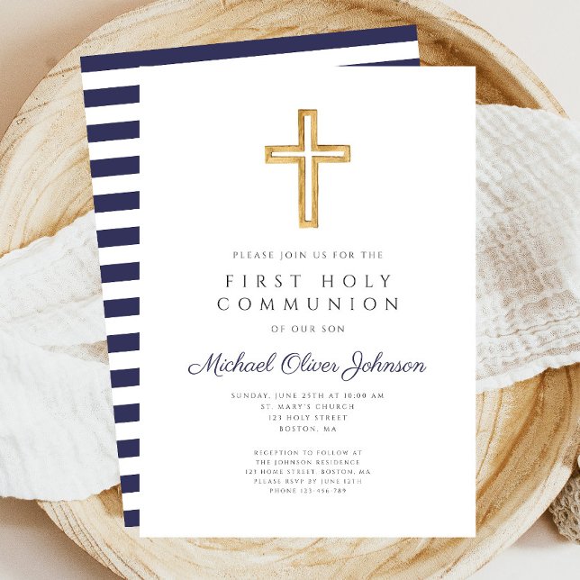 Convites Marinho religioso Blue Boy Primeira Comunhão (Navy Blue Stripes Boy First Communion Invitation)