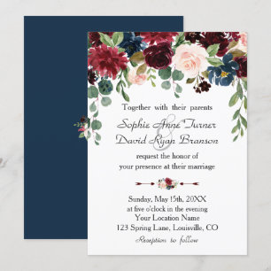 Convites Marinho Romântico de Merlot Blue Floral Casamento