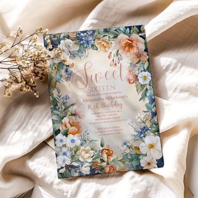 Convites Marinho romântico Pastel Wildflower Sweet 16 (Criador carregado)