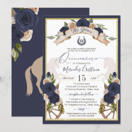 Convites Marinho Rosa Azul Floral e Cavalos Charro Quincean