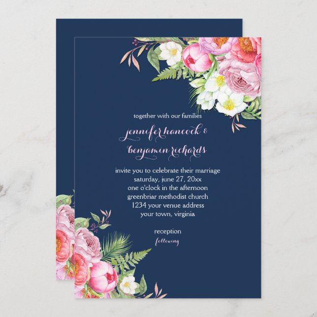 Convites Marinho Rosa Azul Flores de Água Casamentos (Frente/Verso)