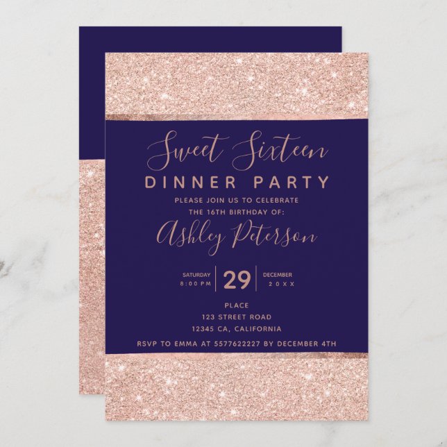 Convites Marinho - rosa dourada tipografia doce Dezesseis (Frente/Verso)