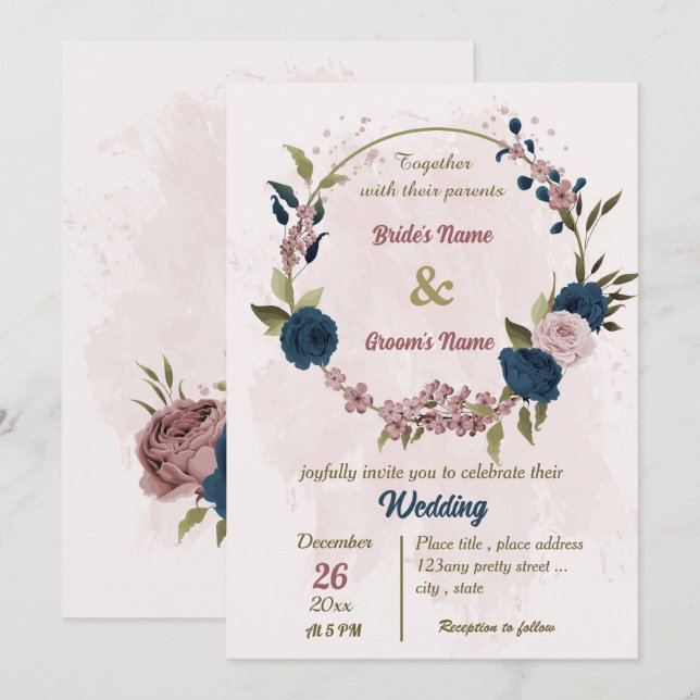 Convites marinho rosa, flores azuis, casamento botânico (Frente/Verso)