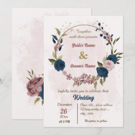 Convites marinho rosa, flores azuis, casamento botânico