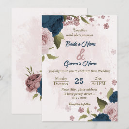 Convites marinho rosa, flores azuis, casamento botânico
