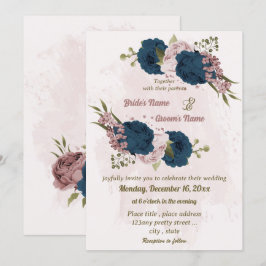 Convites marinho rosa, flores azuis, casamento botânico