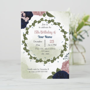 Convites marinho rosa flores festa de aniversário verde