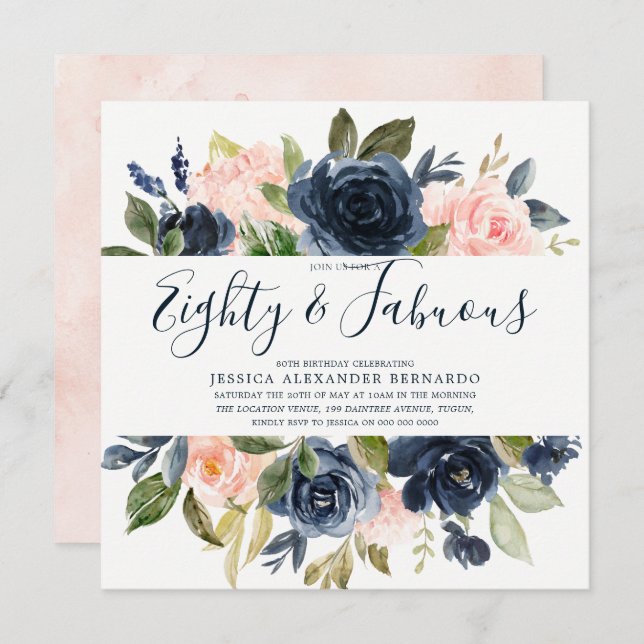 Convites Marinho rosa Flutuantes de Aquarela 80 Festa de an (Frente/Verso)