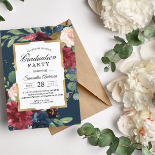 Convites Marinho Russo Azul e Vermelho Floral Dourado