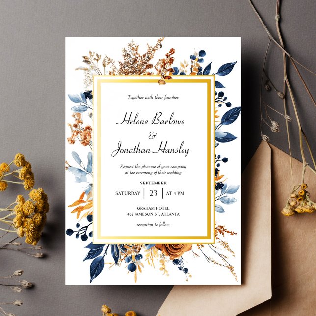 Convites Marinho Russo Floral Blue Terracotta Casamento (Floral Elegant Rustic Navy Blue Terracotta Wedding Invitation)