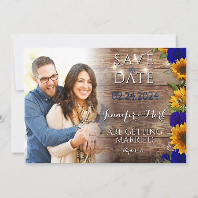 Convites Marinho Rustic Sunflower Photo Save the Date Card (Frente)