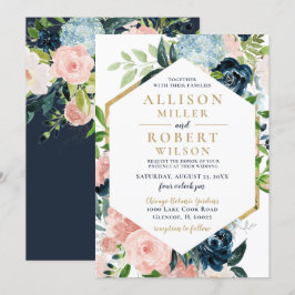 Convites Marinho Rustic Watercolor Blush Dourado Casamento 