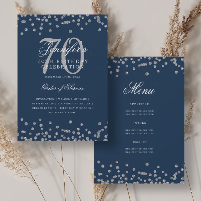 Convites Marinho Silver do menu do programa Aniversário do  (Elegant 70th Birthday Program Menu Silver Navy)