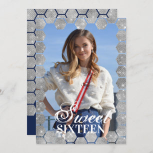 Convites Marinho Silver Glitter Hexagon Foto do Geo Sweet 1