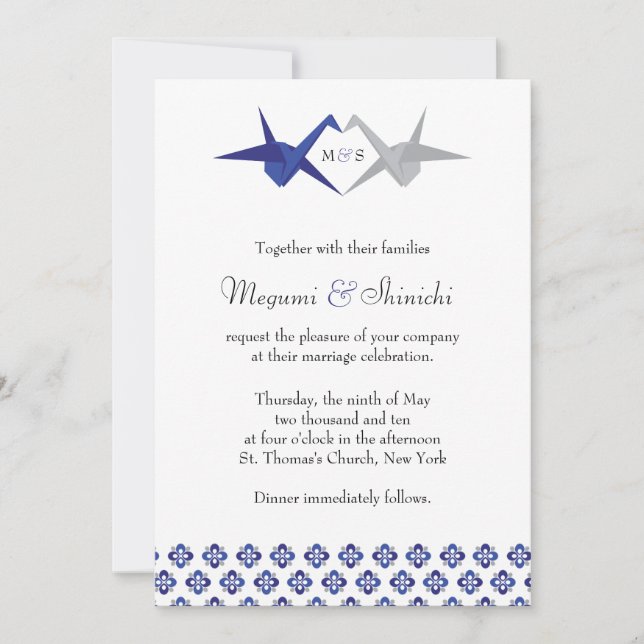 Convites Marinho / Silver Origami Cranes Casamento (Frente)
