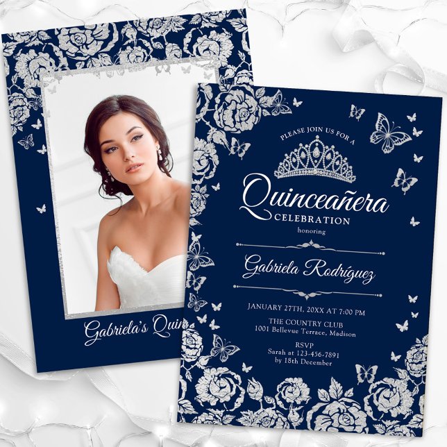 Convites Marinho Silver Rosas Borboletas Quinceanera Foto (Criador carregado)