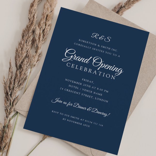 Convites Marinho Simples de Monograma de Abertura Geral Cor (Corporate Grand Opening Simple Monogram Navy Invitation)