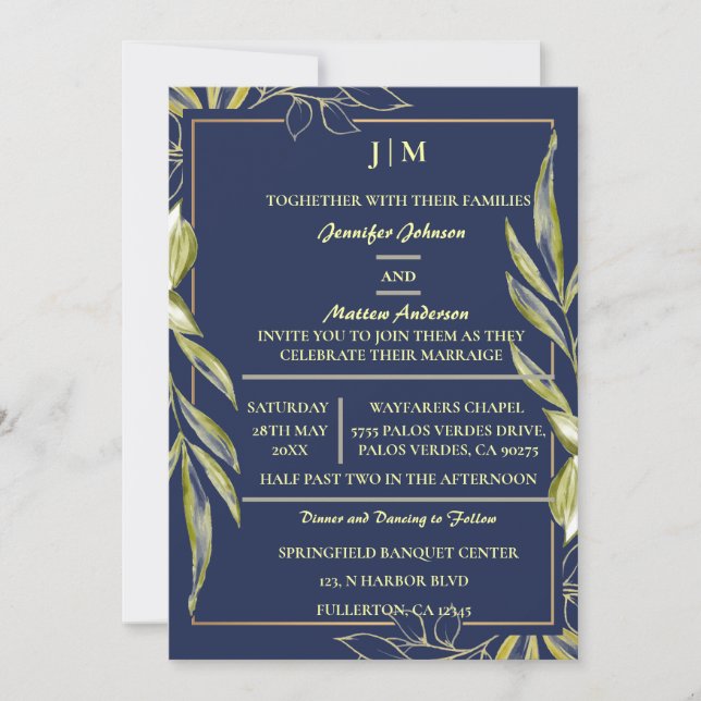 Convites Marinho Simples Moderno de Ramo de Oliveiras (Frente)
