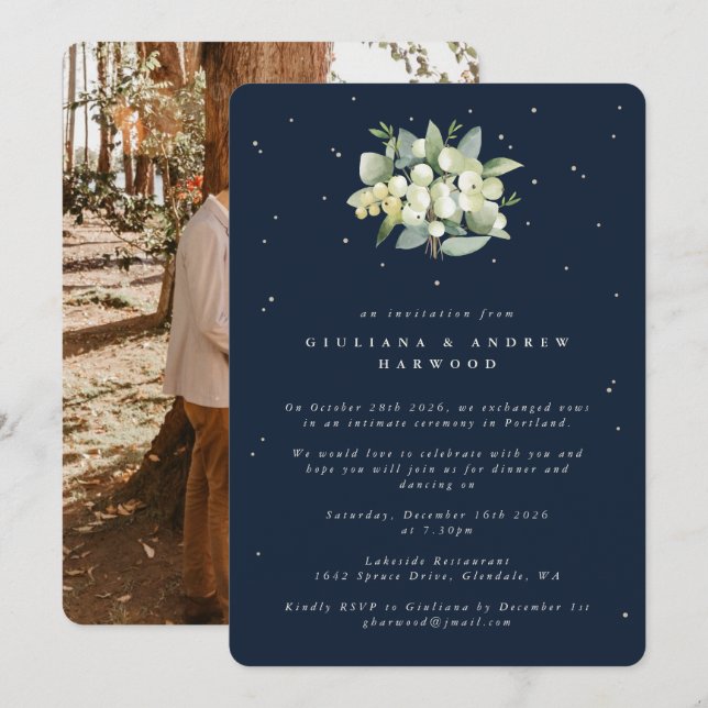 Convites Marinho Snowberry+Eucalyptus Recepção de casamento (Frente/Verso)